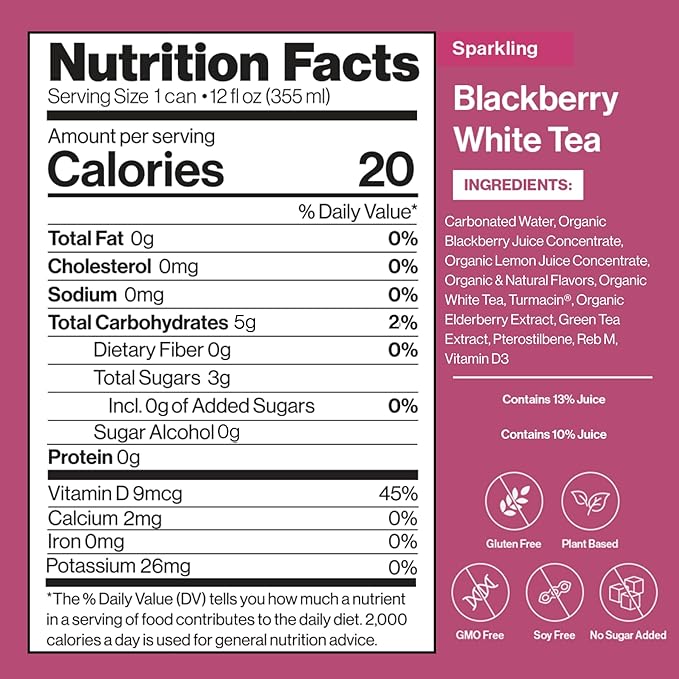 Happy Being Sparkling Nutrient-Rich Blackberry Citrus White Tea – Infused with Turmeric, Elderberry, Vitamin D3, Caffeine Free, Plant-Based, Low Calorie & Low Sugar Drinks, 12oz (4 Pack)