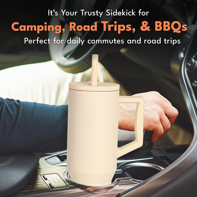 Elemental 40 oz Tumbler with Handle and Straw - Spill Proof Insulated Stainless Steel Commuter for Hot and Cold Beverages - Travel Coffee Mug with 2 Straws & Spill Proof Lid - 40oz - Beige