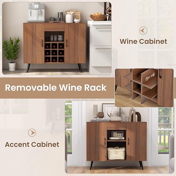 Buffet Cabinet with Storage, Sideboard Cabinet with Drawer & Removable Wine Rack, Kitchen Storage Cabinet with Doors and Shelves, Bar Cabinet for Kitchen, Dining Living Room, Entryway, Walnut