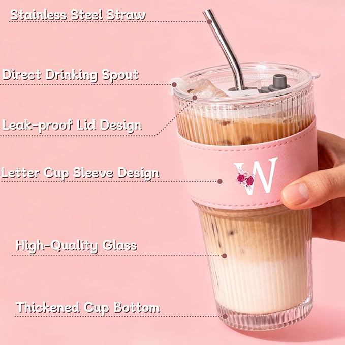 Personalized Gifts for Women,20oz Ribbed Glass Tumbler,Monogrammed Gifts for Women,Birthday Gift,Ice Coffee Mug,Christmas Gift for Mom Sister-W