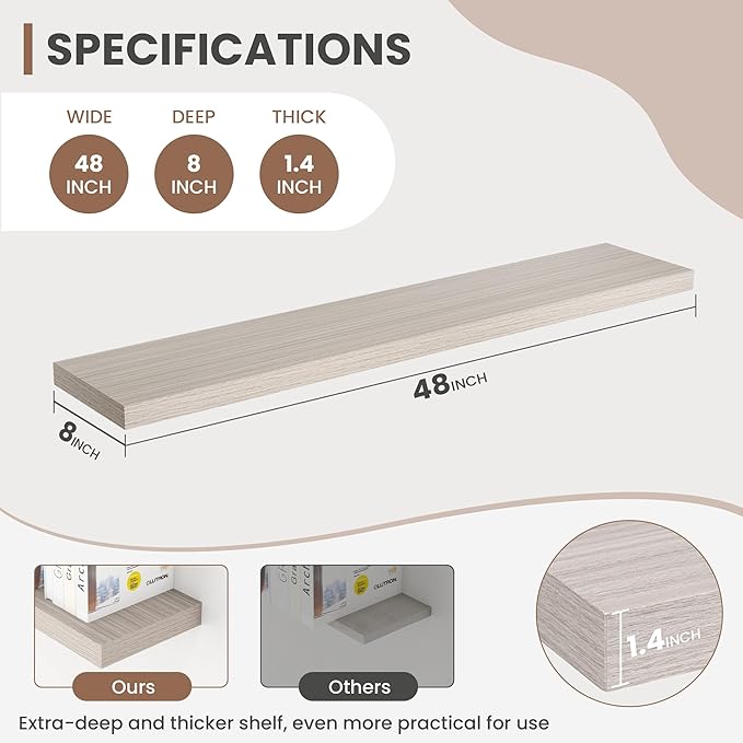 48 Inch Floating Shelves, 8 Inch Deep Floating Shelves for Wall, Hanging Shelf with Invisible Brackets, Deep Shelves for Bathroom, Bedroom, Living Room, Grey, Set of 1