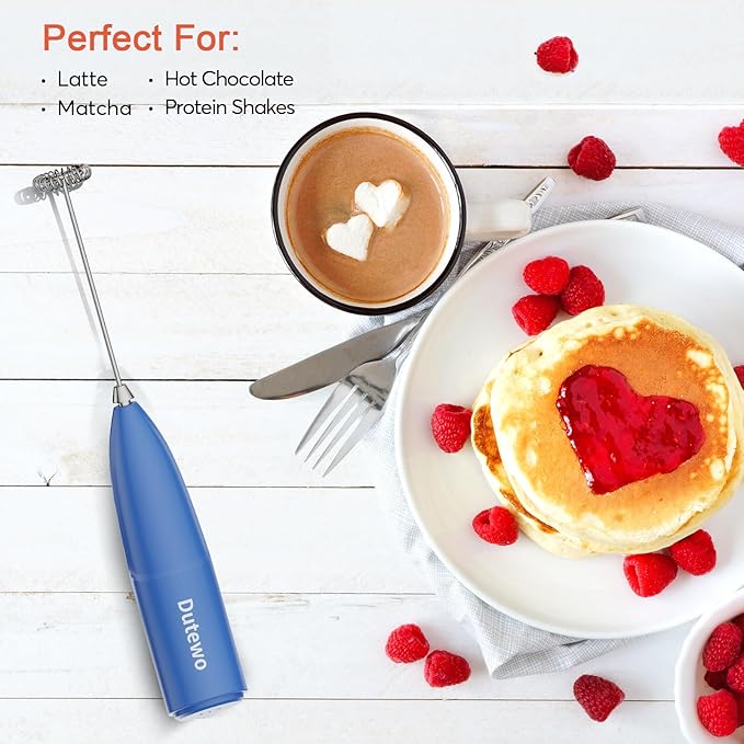 Hand Mixer Milk Frother for Coffee - Dutewo Frother Handheld Foam Maker for Lattes, Electric whisk Drink Mixer Mini Foamer for Cappuccino, Frappe, Matcha, Hot Chocolate, Blue 285C
