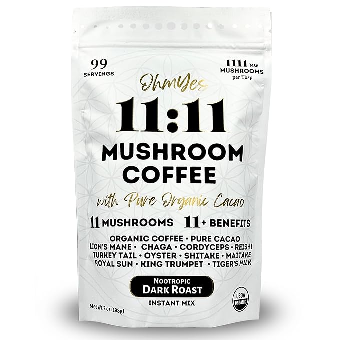 OhmYes 11 Mushroom Coffee + Cacao – Organic Nootropic Superfood Blend with Lion’s Mane, Reishi, Chaga, Cordyceps & Theobromine – Natural Brain Supplement for Memory, Focus & Energy (7 oz)