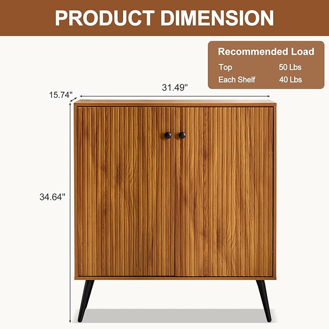 EROMMY Fluted Sideboard Buffet Cabinet, Wooden Storage Cabinet with Adjustable Shelf, Multifunctional Accent Cabinet with Adjustable Shelves for Dining Room, Living Room, Entry, Hallway, Walnut