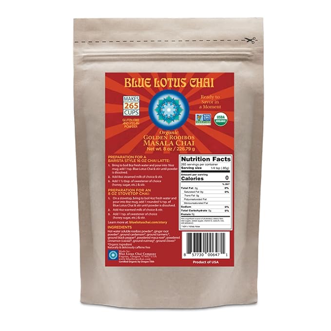 Blue Lotus Chai - Organic Golden Rooibos Masala Chai - Makes 265 Cups - 8oz Bag Masala Spiced Chai Powder with Organic Spices - Instant Indian Tea No Steeping - No Gluten