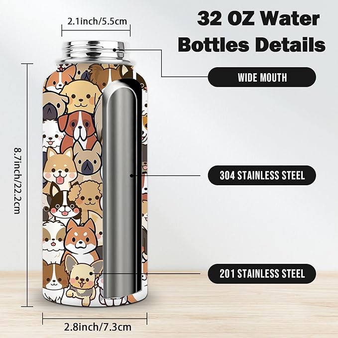 32 oz Insulated Water Bottle, Stainless Steel Water Bottles, Sports Travel Bottles, Cute Dogs Water Bottle Gifts for Men Women Dog Lovers (1pcs)