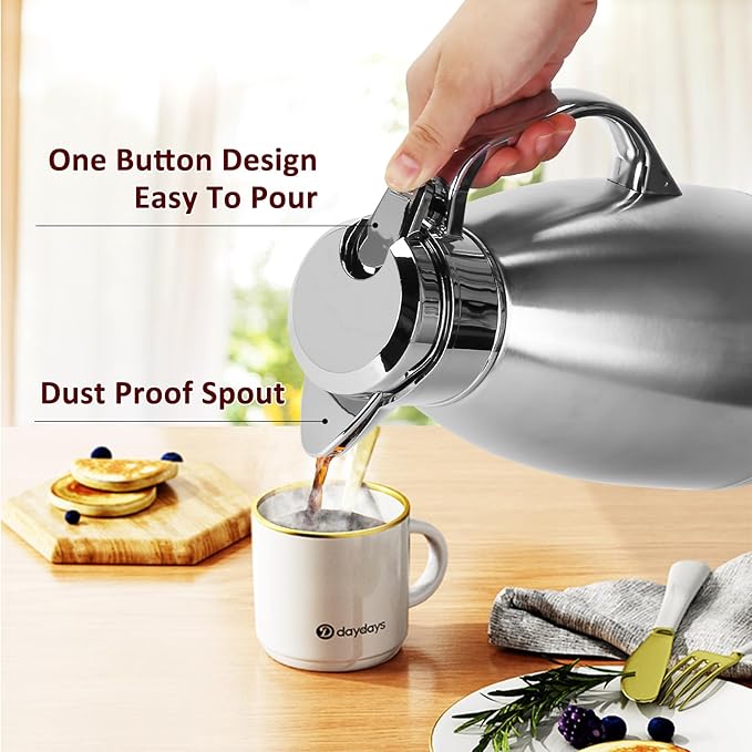 Coffee Carafes for Keeping Hot, ShineMe Stainless Steel Thermal Coffee Carafe with Cleaning Brush, Double Walled Vacuum Coffee Pot，61oz Insulated Tea & Coffee Dispenser, Long Heat/Cold Retention