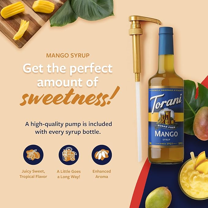 Torani Sugar Free Syrup, Mango Flavored Syrup for Drinks, Zero Calorie, Glass Bottle with Pump Included, 25.4 Fl Oz