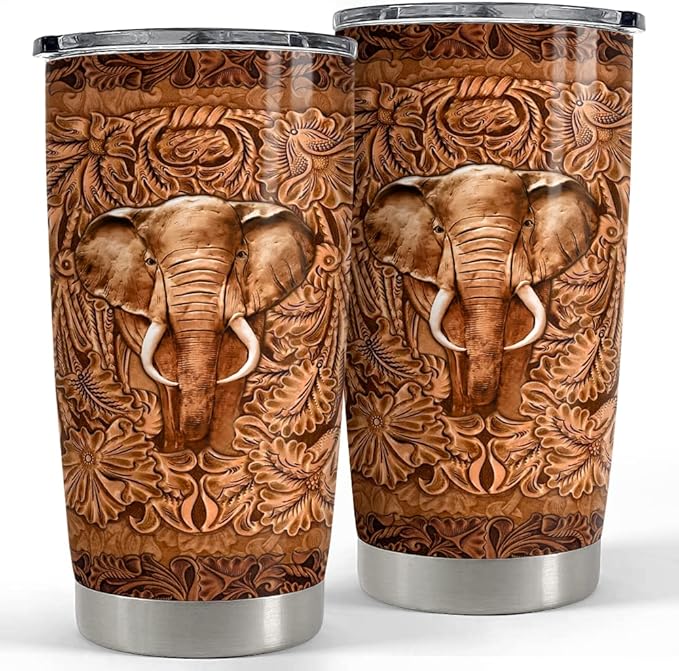SANDJEST Elephant Tumbler Wood Drawing Style 20oz Tumblers with Lid Gift for Women Girl Daughter Sister Animal Lovers Christmas Birthday
