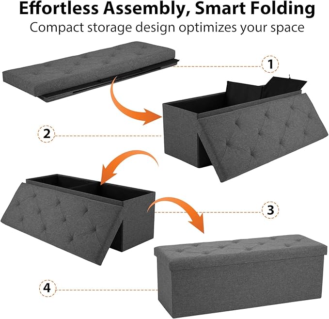 DUMOS 43in Foldable Storage Ottoman Bench, Storage Chest, End of Bed Foot Rest Stool with Padded Seat, Bedroom Bench for Living Room, Support 660lbs, Grey