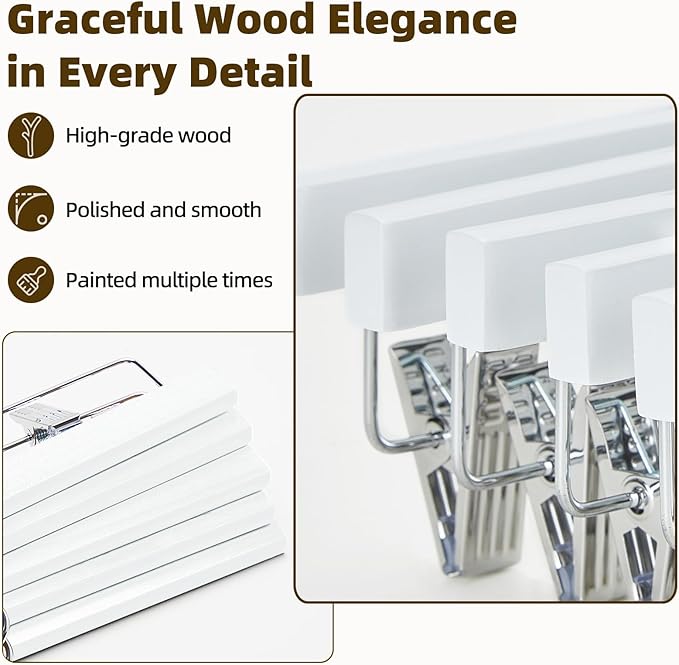 HOUSE DAY Premium Wooden Pants Hangers 25 Pack, Solid Lotus Wood Skirt Hangers with 2-Adjustable Clips, Heavy Duty & Anti Slip Wood Bottom Hanger for Slacks, Jeans, Trousers, Shorts (White)