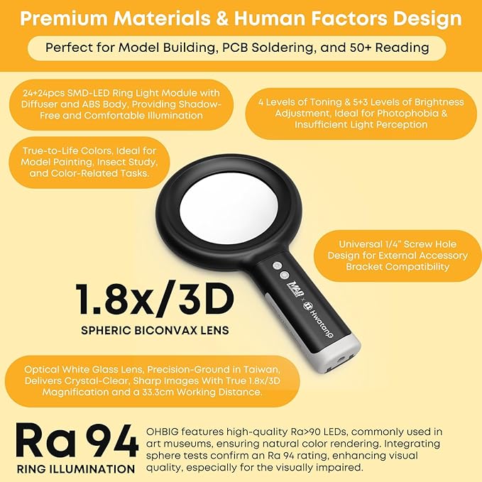 HWATANG OHBIG x MADWORKS 1.8x/3D/100mm Dimming Toning LED Magnifying Glass - K9 White Glass, Model Assembly, Soldering, Ra 94 Ring Light, 50+ Seniors Reading Magnifier (Handheld)