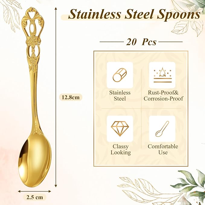 Dandat 20 Pcs 4.9" Gold Luxury Teaspoons Stainless Steel Gorgeous Tea Party Spoons Dessert Spoons for Stirring Coffee Sugar Drink Kitchen Cafe Bar Wedding Tableware, Vintage Style