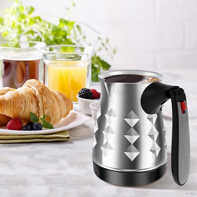 Turkish Coffee Maker, Stainless Steel 500ml Turkish Coffee Machine with Folding Handle, 5 to 6 Cups Capacity Turkish Coffee Pot, Electric Coffee Tea Warmer Kettle for Home Travel (Diamond)