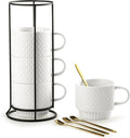 Gomakren Stackable Coffee Mugs Set with Stand, Coffe Cup with Tea Spoon 13 Ounce Christmas Cups for Cappuccino Coffee Drinks Tea, Set of 4, White Gift for Man Women 380ml
