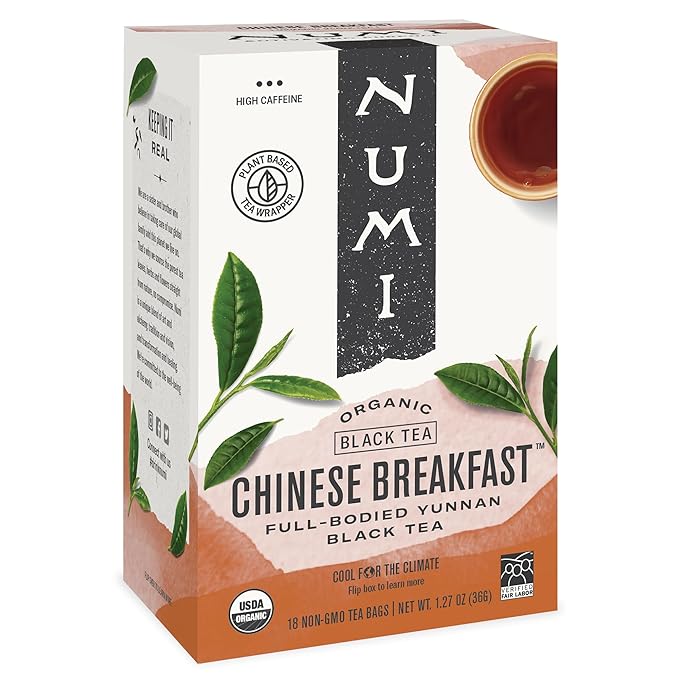 Numi Organic Chinese Breakfast Tea, 18 Black Tea Bags, Full Bodied Yunnan Black Tea, Caffeinated