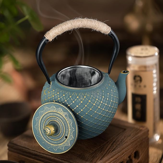 Ufine Japanese Style Cast Iron Teapot for Stove Top with Stainless Steel Infuser Loose Leaf Tetsubin Grid Design Blue Tea Kettle 40oz/1200ml