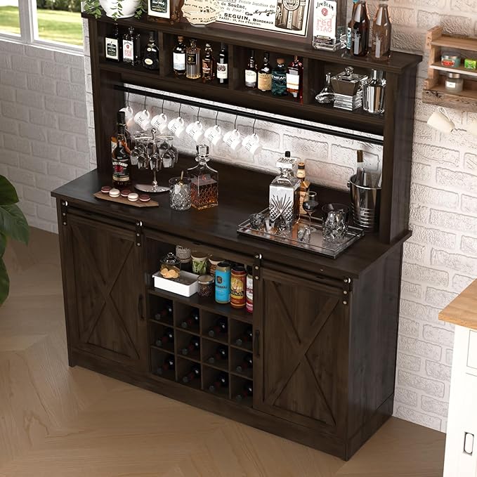 4ever2buy Farmhouse Coffee Bar Cabinet with Storage Hutch, 55“ Wine Bar with 12 Wine Racks and 8 Hooks, Coffee Station with 4 Open Shelves and Sliding Barn Doors for Kitchen, Dining Room, Dark Oak