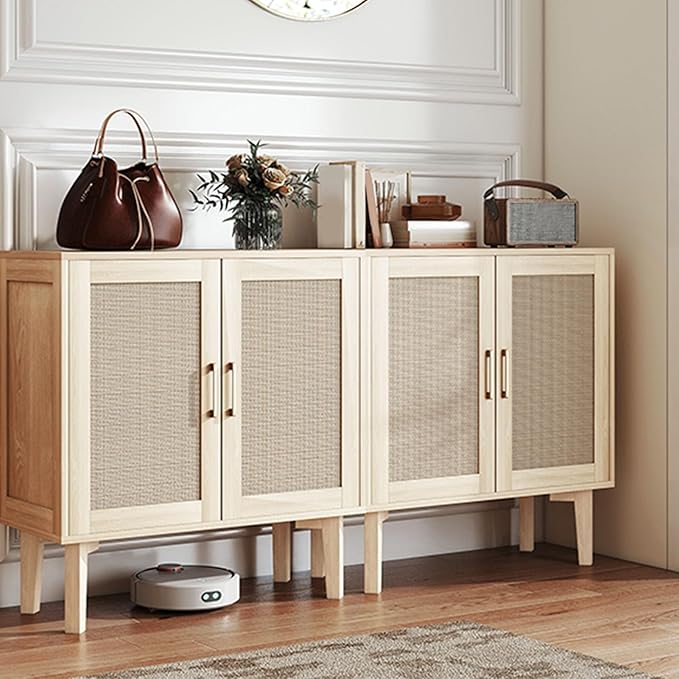 Bigroof Rattan Cabinet, Modern Accent Buffet Cabinet with Magnetic Doors, Sideboard Buffet for Hallway, Entryway, Living Room, or Kitchen (Oak)