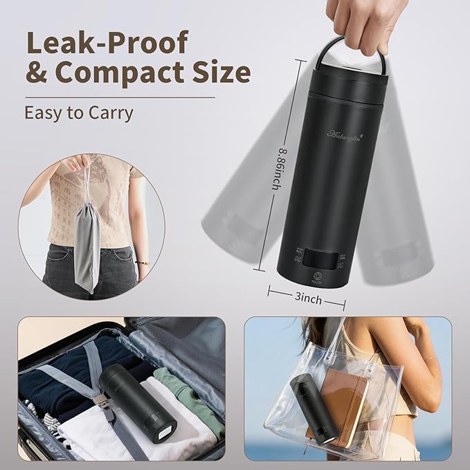 Travel Electric Tea Kettle, 450ML Small Water Boiler Kettle Electric with 4 Temp Settings, Auto Shut-Off & Boil Dry Protection, 304 Stainless Steel Portable Bottle Warmer for Travel, Black