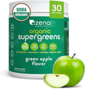 Zena Nutrition Organic Super Greens Powder, 70+ Superfoods, 0 Sugar, 3G Fiber, Spirulina, Chlorella, Mushrooms, Prebiotics/Probiotics, Digestive Enzymes for Gut Health, Green Apple, 30 Servings