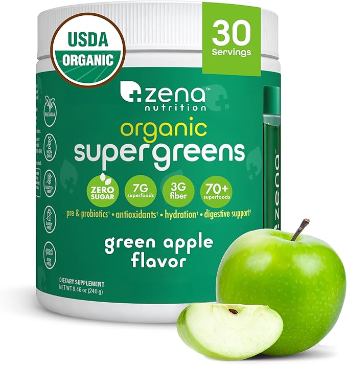Zena Nutrition Organic Super Greens Powder, 70+ Superfoods, 0 Sugar, 3G Fiber, Spirulina, Chlorella, Mushrooms, Prebiotics/Probiotics, Digestive Enzymes for Gut Health, Green Apple, 30 Servings