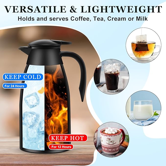 2 Pcs 51 oz Thermal Coffee Carafe for Keeping Hot Insulated Stainless Steel Vacuum Thermal Pot Flask Double Walled Vacuum Coffee Carafe for Beverage Water Tea, 12 Hot 24 Hours Cold(Black)