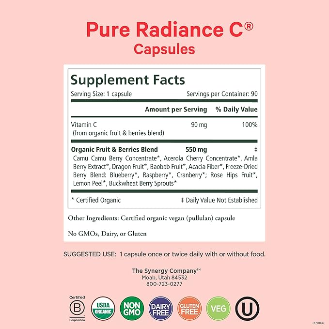 PURE SYNERGY Pure Radiance C | Organic Vitamin C Capsules | 100% Natural, Whole Food, Non-GMO Supplement with Organic Camu Camu | for Immune and Collagen Support (90 Capsules)