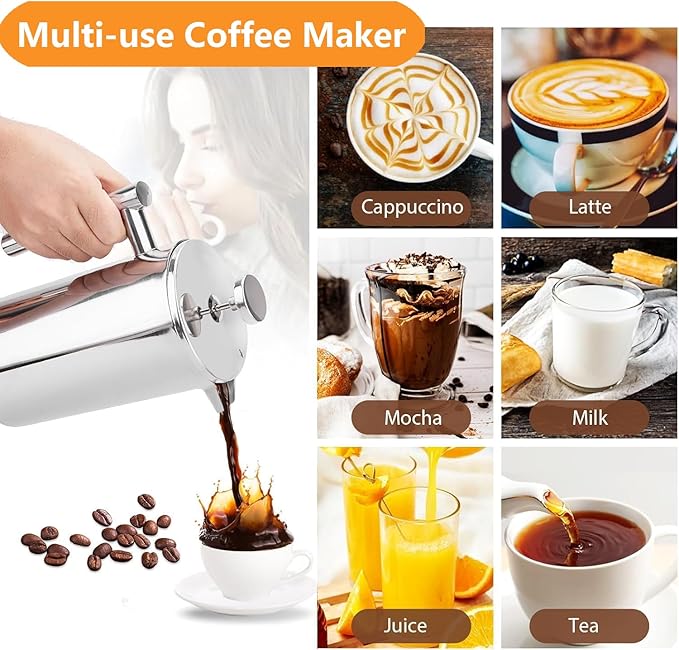 French Press Coffee Maker 34oz, Double-Wall Insulated French Press Stainless Steel 1L for travel camping, Included 2 Extra Screens and 1 Coffee Spoon （6-8cup 1000ml）