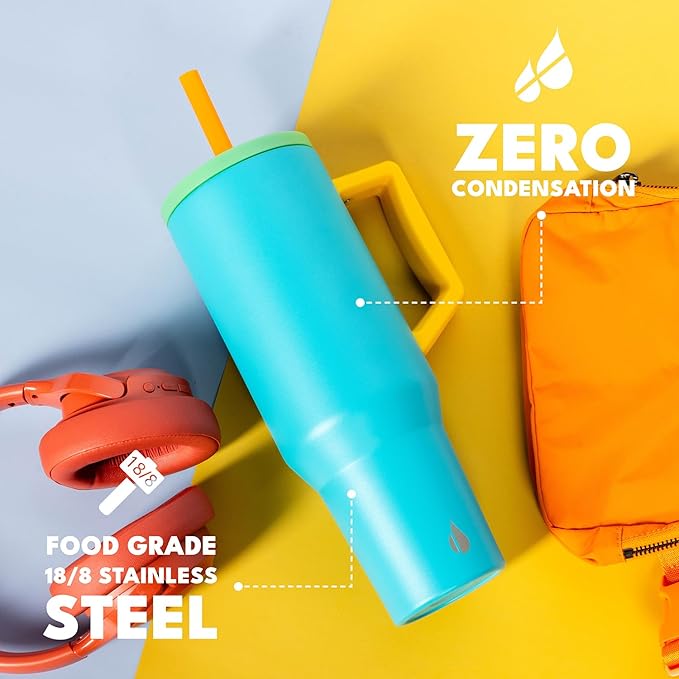 Elemental 40 oz Tumbler with Handle and Straw - Spill Proof Insulated Stainless Steel Commuter for Hot and Cold Beverages - Travel Coffee Mug with 2 Straws & Spill Proof Lid - 40oz- Blue Lagoon