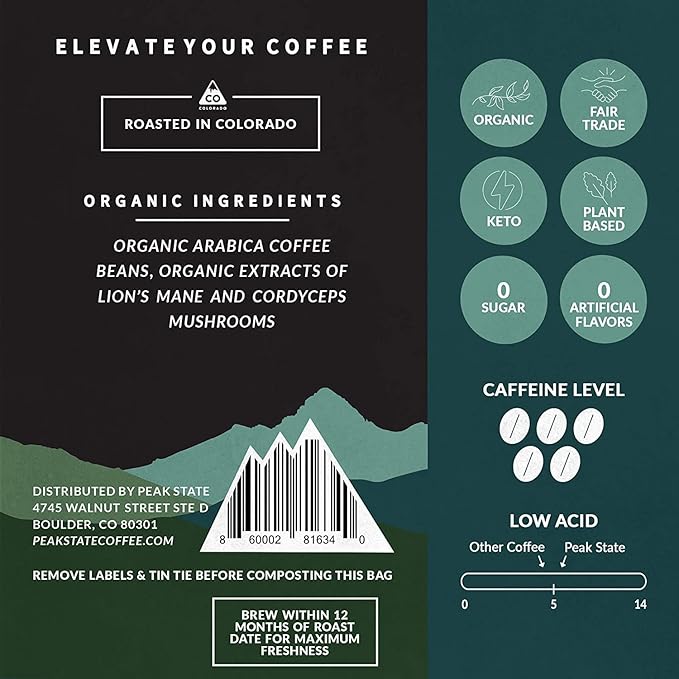 Peak State Coffee with Functional Mushrooms, Low Acid, Whole Bean (FOCUS, BOOST IMMUNITY, & DESTRESS) (Brain Sustain)