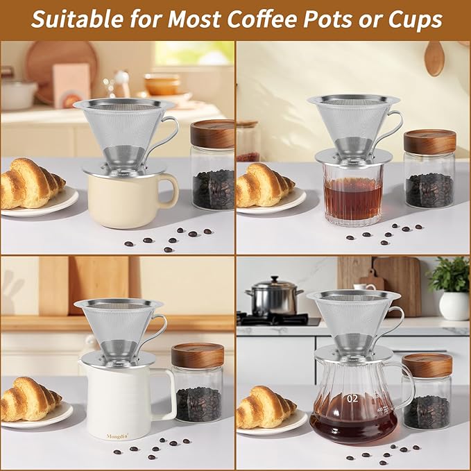 Mongdio Pour Over Coffee Dripper, Stainless Steel Coffee Dripper, Reusable Metal Coffee Filter, Double-Mesh Design, Clever Dripper with Handle, For Home, 1-4 Cups