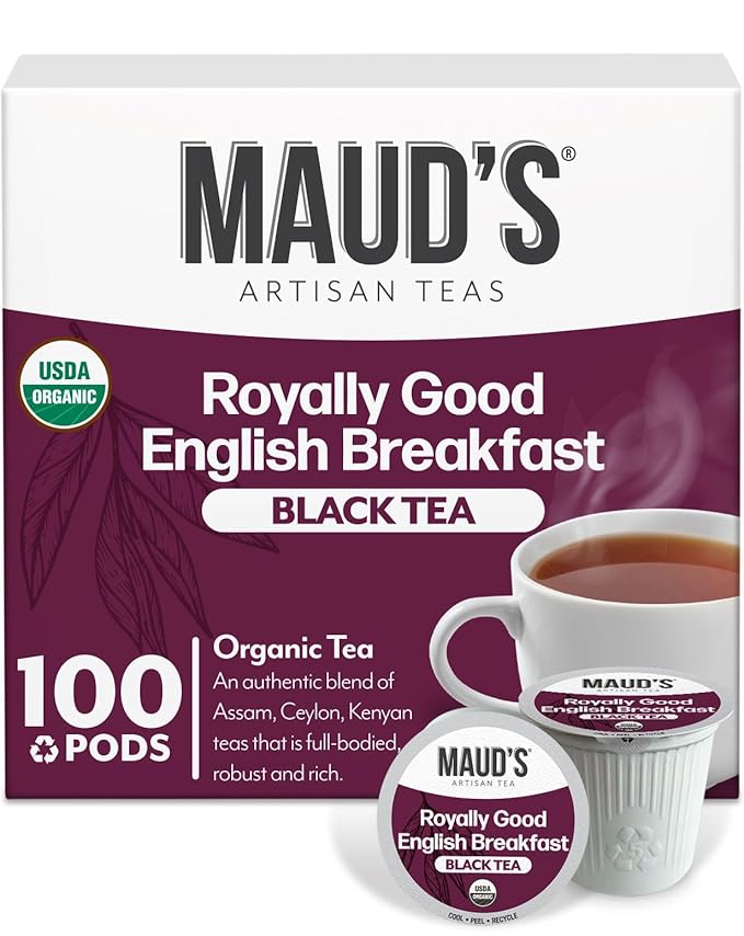 Maud's Organic English Breakfast Black Tea Pods, 100 ct, Recyclable Single Serve Pods – 100% Gourmet Blended Tea Leaves, Compatible with Keurig K Cups Maker