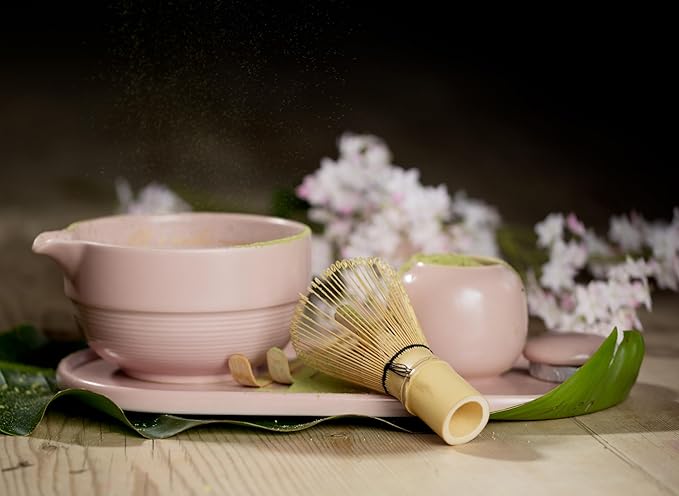 Matcha Whisk Set, Premium 7 Pcs Ceramic Set Includes Bowl, Whisk and Holder, Bamboo Scoop, Canister, Sifter, and Tray