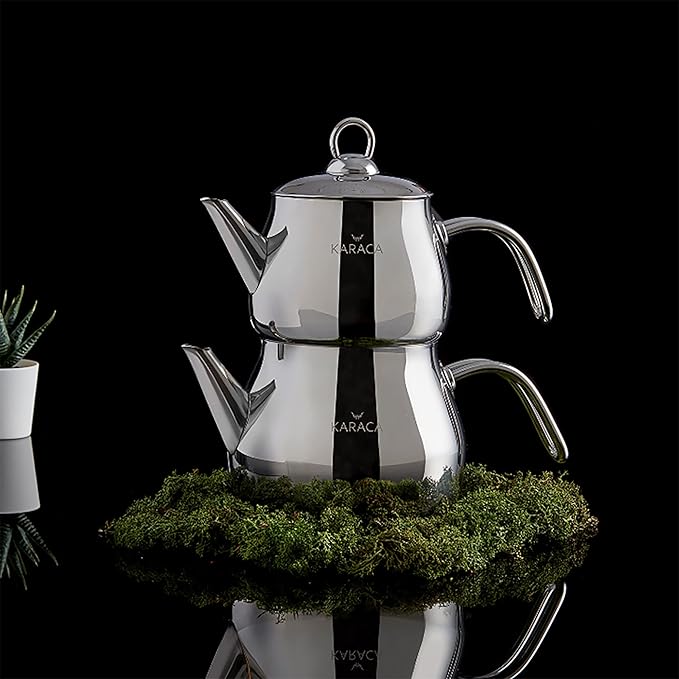 Karaca Layla Teapot Edelstahl, Turkischer Teekocher, Wasserkocher, Teekanne: 1 L Wasserkocher: 1,75 L, Türkisches Teekannen, Kayra Teekannen Set Metal