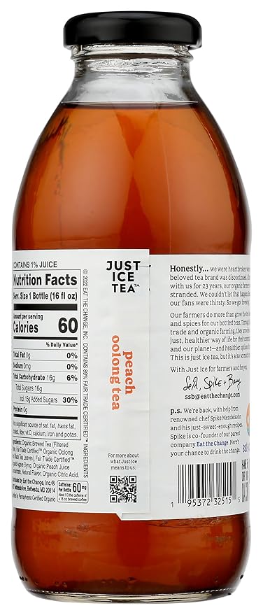 Eat The Change Just Ice Tea Organic Peach Oolong Tea, Kosher, 16 Fluid Ounces (Pack Of 12)