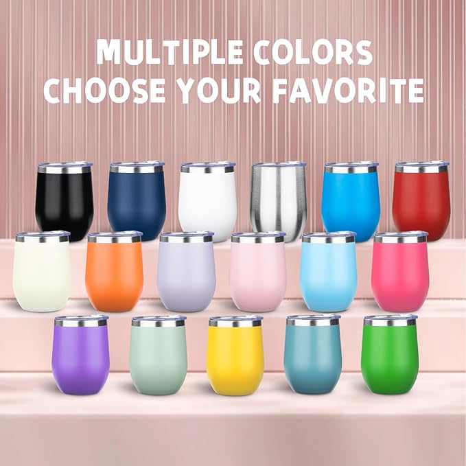 12oz/6 Pack Stainless Steel Wine Tumbler with Lid and Straw, Double Wall Vacuum Insulated Wine Tumbler Glasses, Stemless Travel Mugs for Hot and Cold Drinks, Coffee, Wine, Cocktails（Mix Color-1）