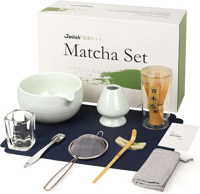 Matcha Whisk Set, 10-Pcs Matcha Kit, Bamboo Whisk and Bowl with Spout & Measuring Spoon & Cup, Japanese Macha Tea Making Tools Gift, Grey