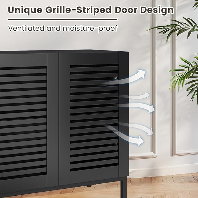 JOMEED Buffet Sideboard Cabinet with Grille-Striped Doors & Adjustable Shelf, Wood Storage Cabinet for Kitchen, Dining Room, Living Room, Entryway Black
