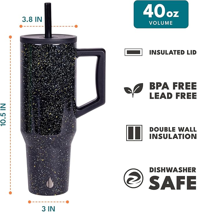 Elemental 40 oz Tumbler with Handle and Straw - Spill Proof Insulated Stainless Steel Commuter for Hot and Cold Beverages - Travel Coffee Mug with 2 Straws & Spill Proof Lid - 40oz - Black Speckle