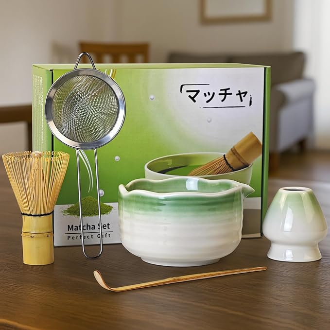 Matcha Whisk Set, 5 Pcs Matcha Set with Matcha Bowl, Whisk Holder, Sifter, Bamboo Whisk and Scoop, Gift for Friend Family Matcha Tea Lovers, Matcha Kit