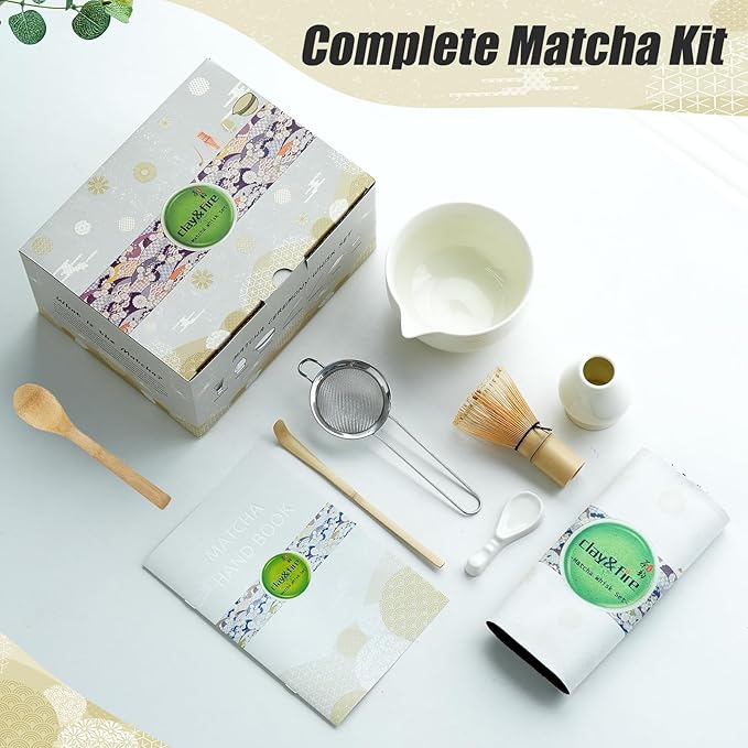 Clay&Fire Matcha Whisk Set, Ceramic Matcha Set, Matcha Bowl with Spout and Whisk,9 pcs Matcha Tea Kit for Matcha Lovers, Ideal Gift Christmas, Birthday（Beige）