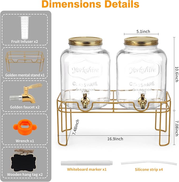 1.6 gallon Glass Beverage Dispenser with Stand, 2PACK Lemonade Dispenser with Spigot Stainless Steel, Drink Dispensers for Parties,Picnic,Weddings(Golden)