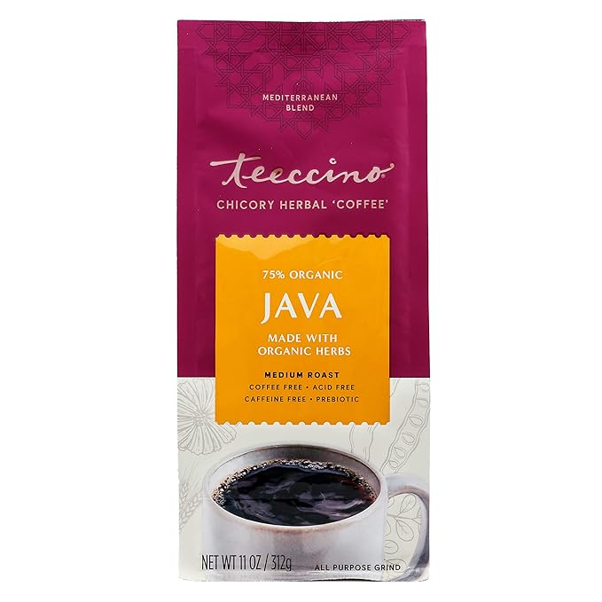 Teeccino Java Chicory Coffee Alternative - 11 Ounce - Ground Herbal Coffee That’s Prebiotic, Caffeine Free & Acid Free, Medium Roast