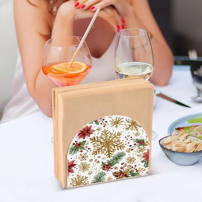 Golden Glitter Snowflakes Napkin Holder for Table Paper Cocktail Napkin Holders for Kitchen Dinning Acrylic Dinner Napkin Dispenser for Dinner Home Decor Bar 2 Pack