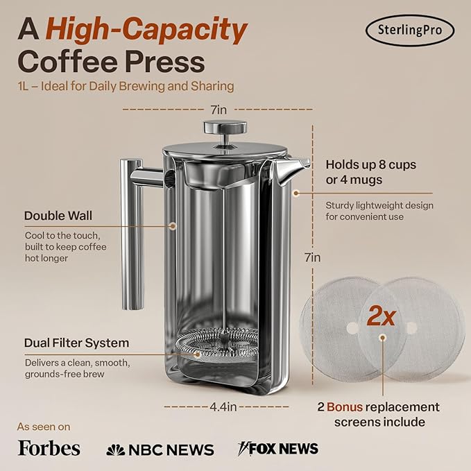 Stainless Steel French Press Coffee Maker Large 1 L(34 oz) Mirror – Durable Double Walled Insulated Coffee Press Keeps Drinks Hot, Easy to Use and Clean Stylish Design for Rich Flavor