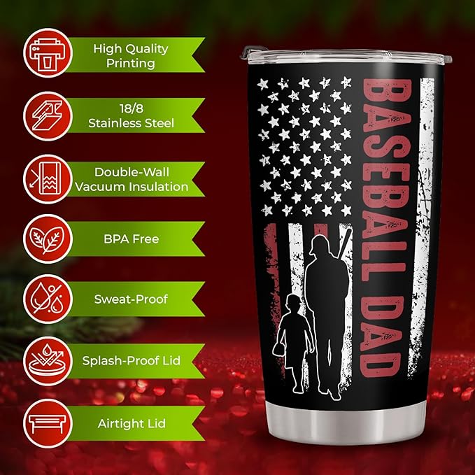 34HD Sport Gifts, Baseball Dad Tumbler with Lid 20 oz Stainless Steel, My Favorite Player Travel Coffee Mug, Baseball Dad Gifts Christmas Gift