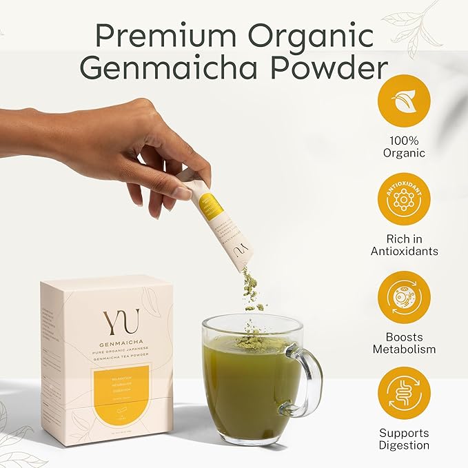 Yu Tea Organic Genmaicha Green Tea Powder, 30 Instant Packets | Japanese Green Tea & Roasted Brown Rice | Low Caffeine & Unsweetened | Relaxation, Antioxidants & Digestion | Single Serve Sticks