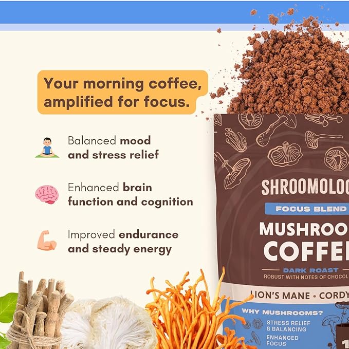 360 Nutrition Instant Mushroom Coffee with Cordyceps, Lion’s Mane Superfood Mushrooms and Ashwagandha for Cognitive Balance, Memory and Focus | Dark Roast, No Added Sugar 5 oz (Focus Blend)