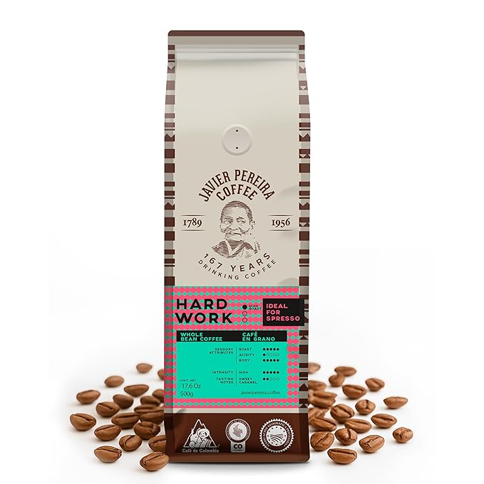 Javier Pereira Coffee - Hard Work Colombian Specialty Coffee – Dark Roast – 100% Arabica – Espresso Specialty – Intense flavor with caramel notes – Whole Bean - 17.6 Oz